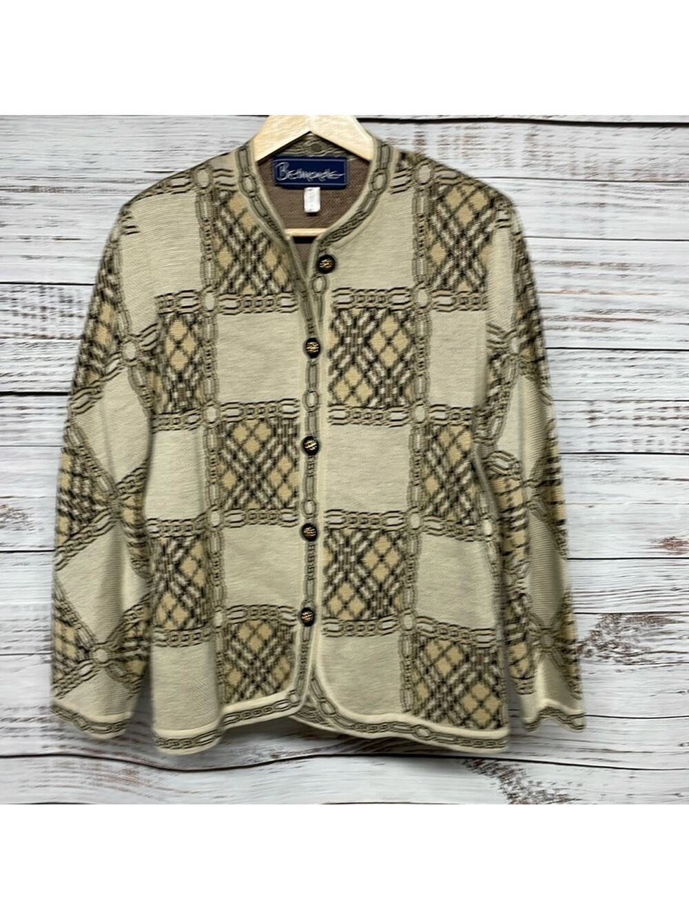 Belmonde Vintage Cardigan Checkerboard Sweater Size 12 Tan Brown